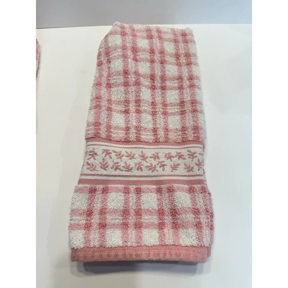 VTG Laura Ashley Pink Hand Towels Embroidered Checkered Striped Set of 3